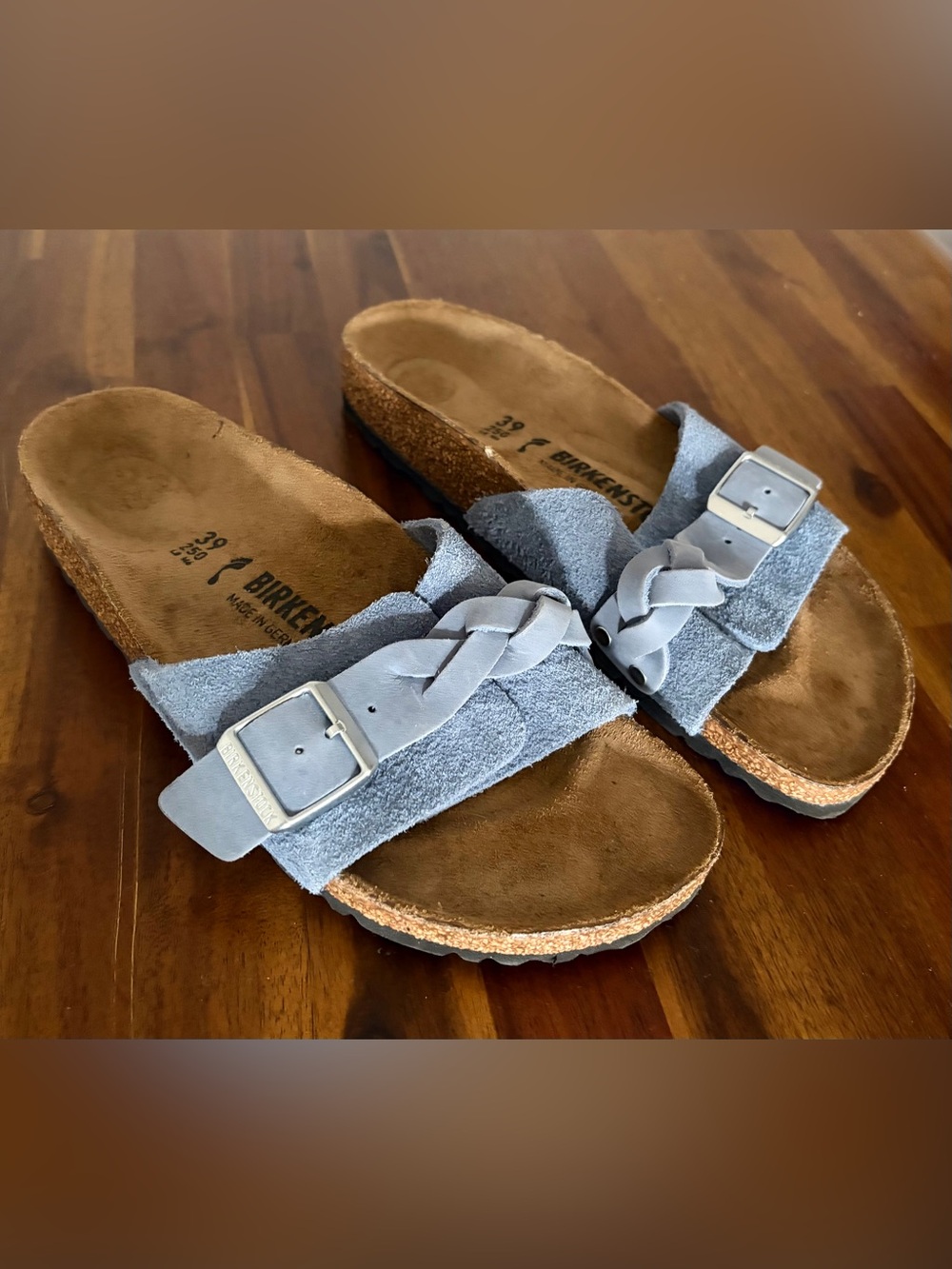 Birkenstock Women's Light Blue Suede Braided Buckle Slide Sandals.